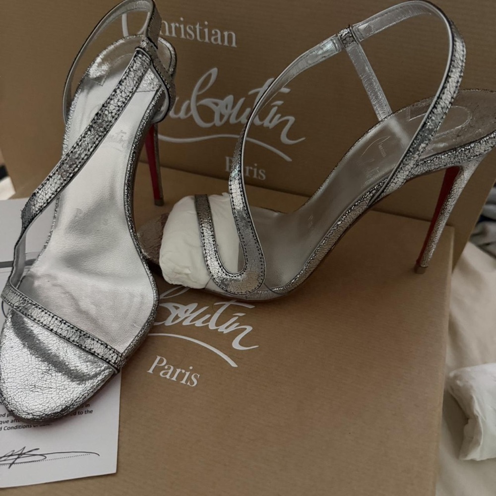 Christian Louboutin Silver Strappy Sandals with Red Soles - Picture 2 of 6